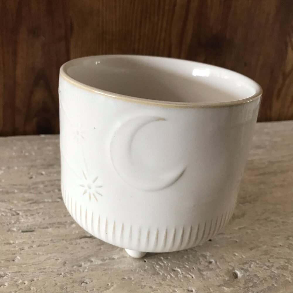 Celestial Planter Ceramic Pottery Moon Stars Boho Footed Cream White Tan Decor - Picture 3 of 16
